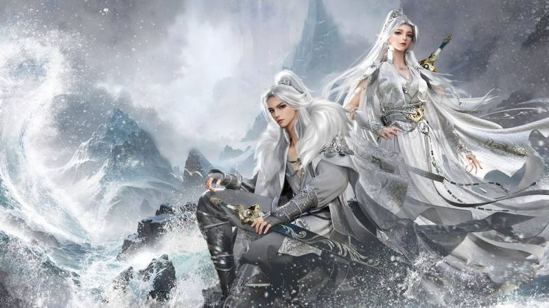 Guerreros en un paisaje helado Ilustración de dos personajes de fantasía con vestimentas elaboradas y espadas ornamentadas, situados frente a un entorno montañoso cubierto de hielo y neblina.