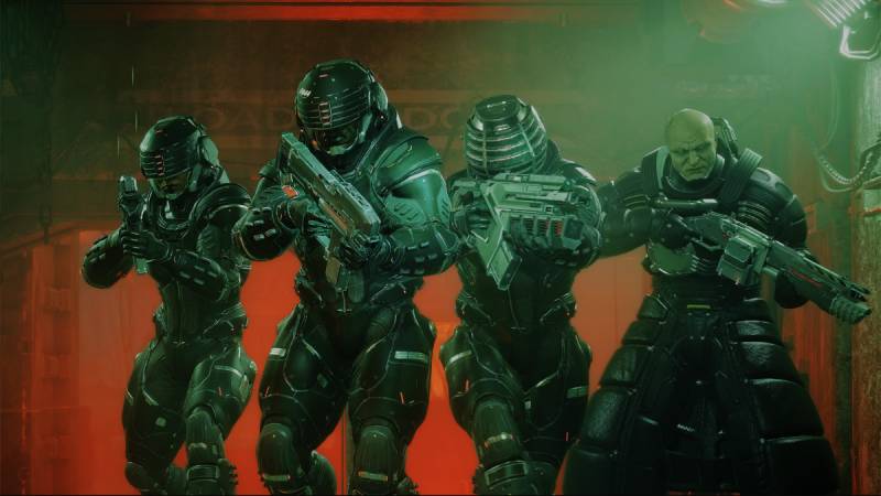 Escuadrón táctico en un corredor futurista Cuatro combatientes con armaduras avanzadas y armas tecnológicas posan en un corredor oscuro iluminado por tonos rojos y verdes, evocando un entorno militar de estética futurista.