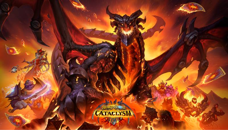 Arte promocional de Hearthstone Cataclismo Ilustración con un dragón imponente rodeado de fuego y personajes en combate, representando el caos y la magnitud del evento Cataclismo dentro del universo de Hearthstone.