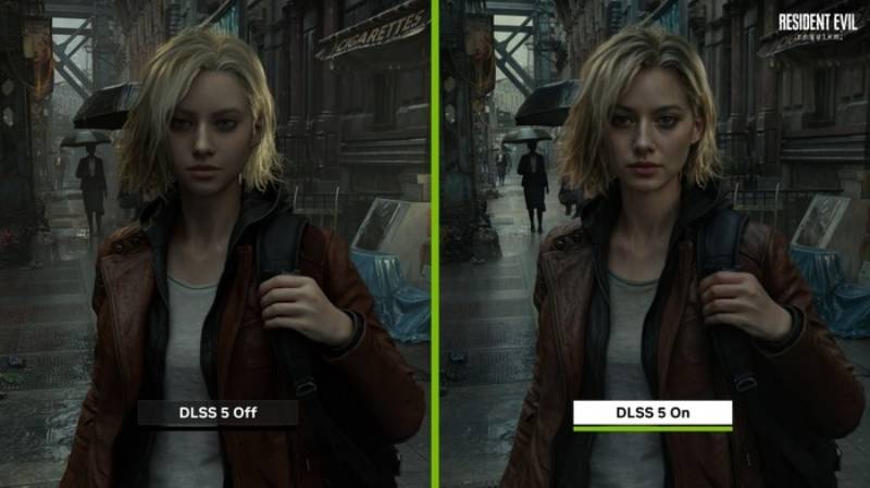 Comparación entre dos versiones de una misma escena urbana bajo la lluvia, mostrando diferencias de nitidez y detalle en un personaje femenino según DLSS 5 esté activado o desactivado.