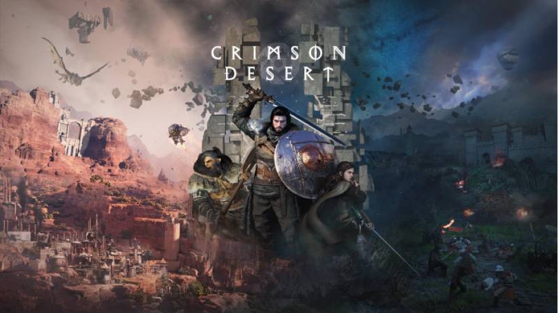 Arte promocional de Crimson Desert Ilustración con tres personajes armados en un entorno dividido entre un paisaje desértico rojizo y un campo de batalla medieval oscuro, destacando la dualidad del mundo del juego.