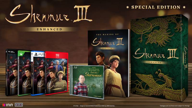 Contenido de la edición especial de Shenmue III Enhanced Conjunto de ediciones físicas y materiales adicionales de Shenmue III Enhanced, incluyendo cajas de juego para distintas plataformas, un libro de producción y un disco documental frente a una caja de colección decorada.
