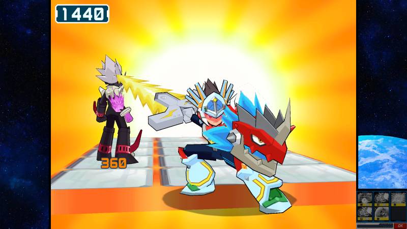 Combate en Mega Man Star Force Escena de combate entre dos personajes en un entorno futurista, con ataques energéticos y una interfaz típica de batalla táctica.