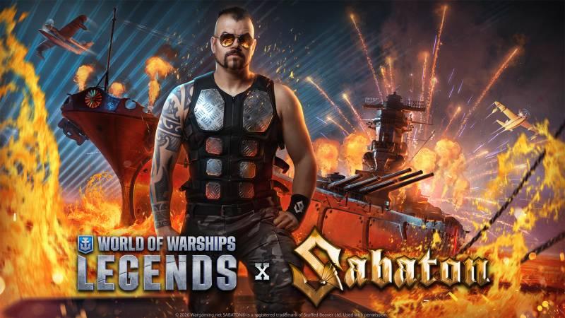 Sabaton x World of Warships: Legends Figura central con estética metalera en un entorno bélico lleno de explosiones, barcos de guerra y aviones en acción.