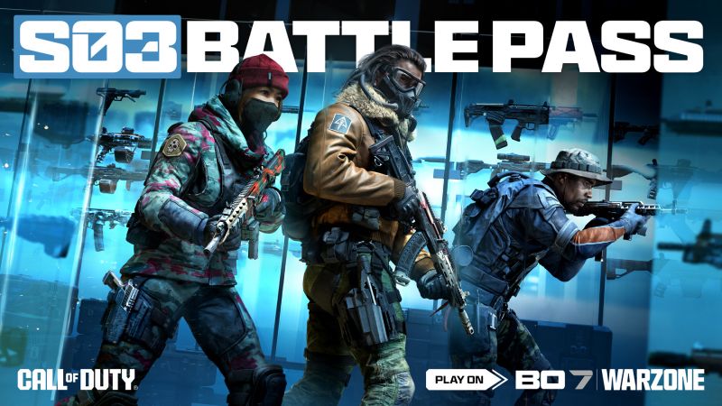 Operadores de Call of Duty frente a un arsenal, promocionando el Pase de Batalla de la Temporada 3. Tres operadores armados posan frente a un muro de armas, con estética táctica y el logotipo de la Temporada 3 del Pase de Batalla.