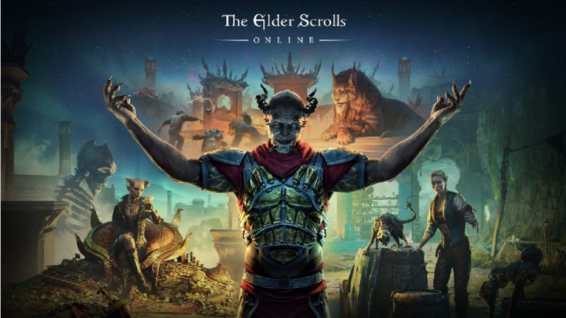 Arte promocional de The Elder Scrolls Online con un personaje central de aspecto demoníaco levantando los brazos, rodeado de criaturas y figuras fantásticas en un entorno místico.