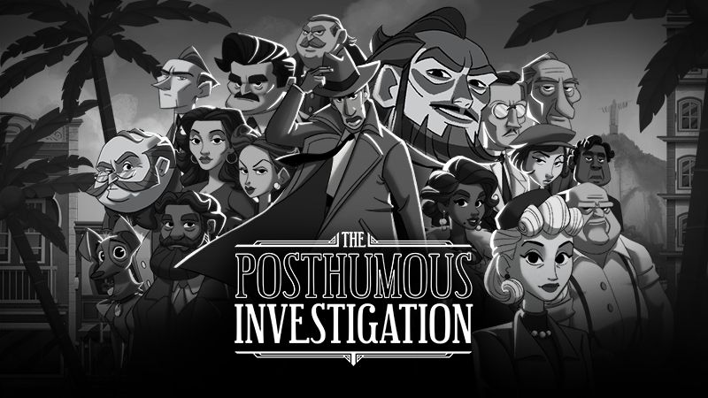 The Posthumous Investigation Ilustración en blanco y negro con estética noir, mostrando a un detective rodeado de personajes clave en un ambiente urbano con palmeras y arquitectura clásica.