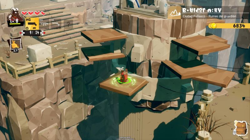Ruinas — Plataformas Personaje sobre plataformas suspendidas en un cañón.