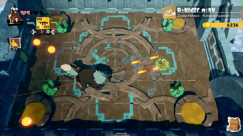 Sala de jefe — Combate Personaje enfrentando enemigos verdes en una sala con patrones geométricos.