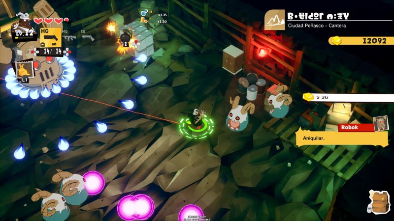 Cantera — Combate Personaje enfrentando criaturas en una cantera con HUD completo.