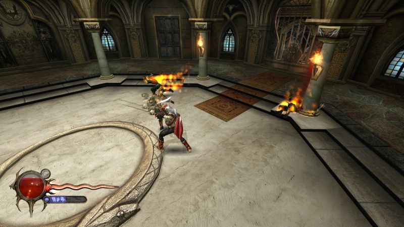 Personaje armado enfrentando enemigos envueltos en fuego en un salón medieval.