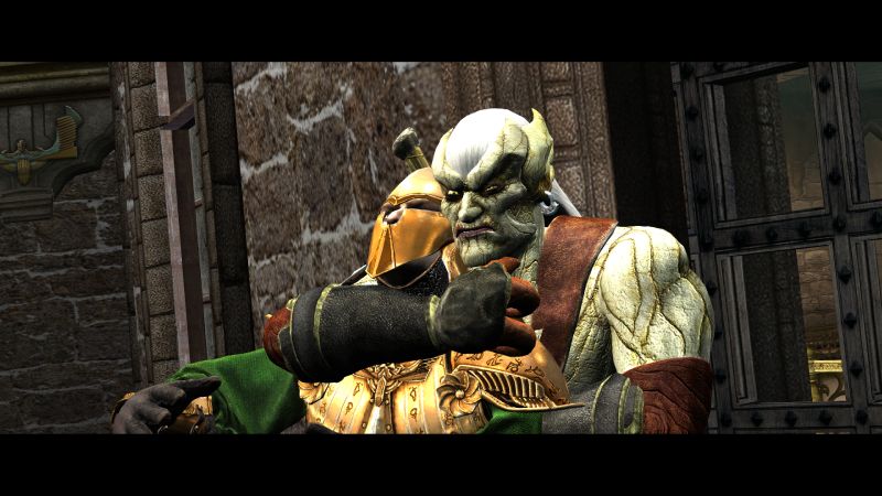 Personaje de piel verde sujetando a un guerrero con armadura dorada.