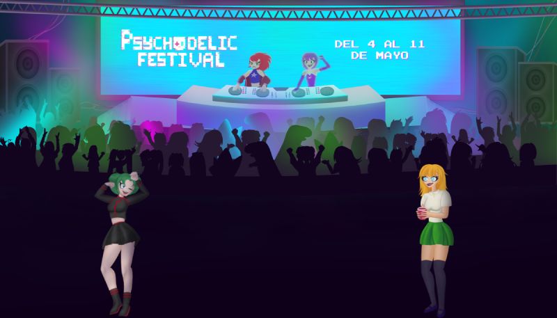 Ilustración de un festival musical animado con escenario, luces y público bailando.