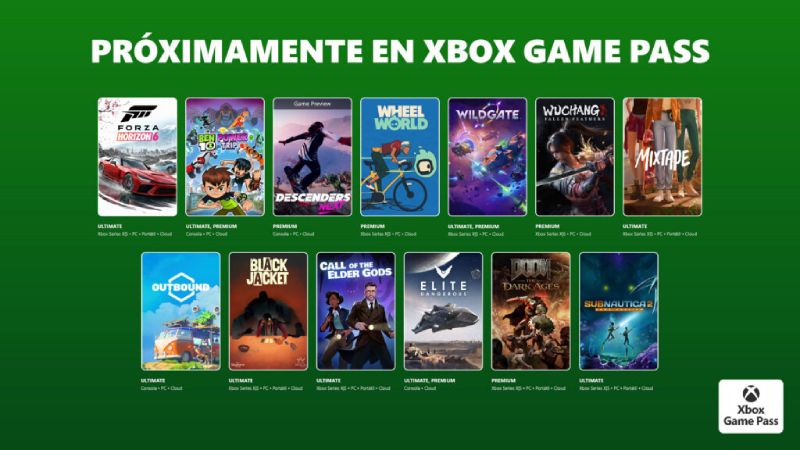Próximos lanzamientos en Xbox Game Pass Promoción con portadas de videojuegos próximos a llegar a Xbox Game Pass, sobre un fondo verde con el texto “Próximamente en Xbox Game Pass”.