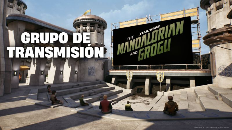 Isla Watch Party de The Mandalorian and Grogu – Fortnite Personas reunidas en un espacio futurista al aire libre frente a una pantalla gigante con temática de Star Wars.