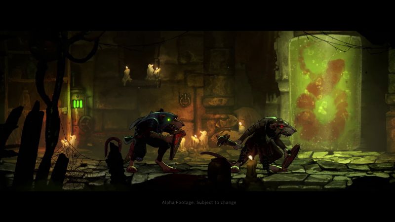 Warhammer Age of Sigmar: Deathmaster – Anuncio oficial Escena de un videojuego con criaturas humanoides en un entorno oscuro iluminado por velas y maquinaria.