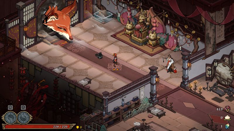 Realm of Ink – Lanzamiento global 1.0 Escena isométrica de un videojuego ambientado en un templo decorado con elementos orientales, donde personajes y criaturas interactúan en un entorno detallado.