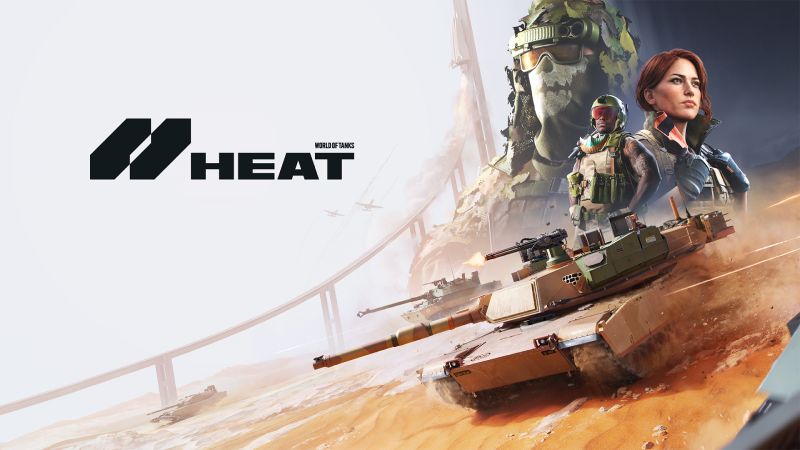 World of Tanks: HEAT – Lanzamiento oficial Arte promocional con un tanque avanzando en un entorno desértico, acompañado de tres personajes militares y aeronaves en el fondo.