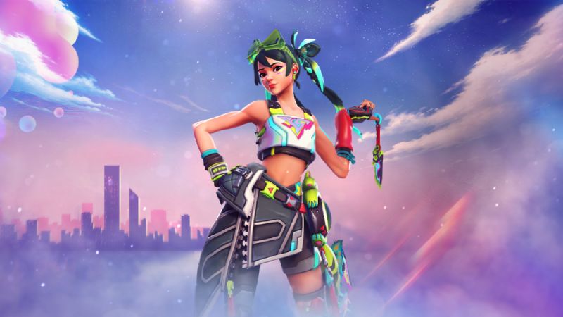Overwatch x YOASOBI – Colaboración 2026 Ilustración de un personaje estilizado en un entorno futurista con colores vibrantes y estética de fantasía tecnológica.