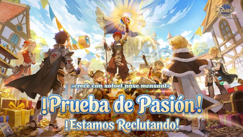 Ragnarok Origin Classic – CBT1 AMER Ilustración colorida con personajes de fantasía en un entorno festivo, acompañados de cofres, monedas y criaturas aladas.
