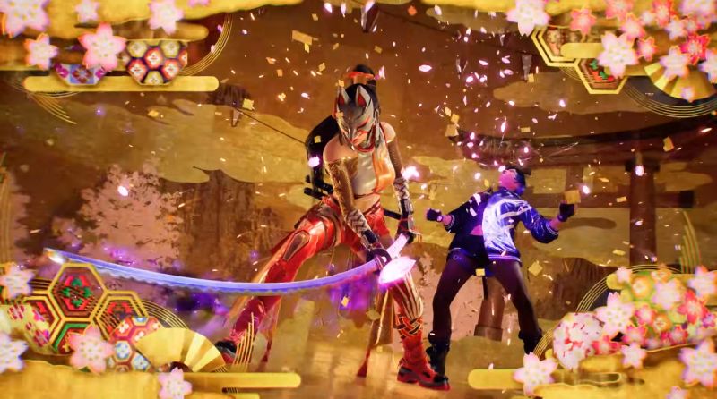Ilustración de dos personajes en combate, con una figura enmascarada empuñando una espada luminosa en un entorno de estética japonesa.