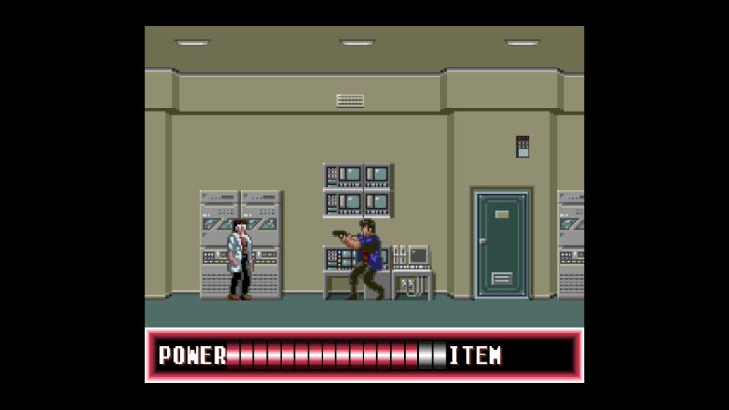 City Hunter — Laboratorio Personaje enfrentando a científico en sala tecnológica retro.