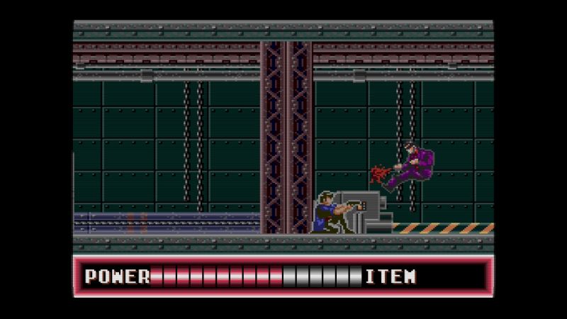 City Hunter — Acción retro Personaje disparando a enemigo en plataforma metálica.