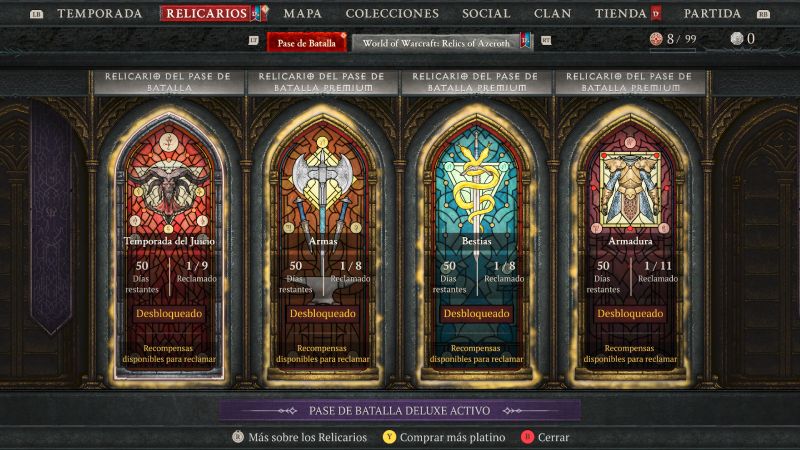 Pantalla del Pase de Batalla mostrando cuatro relicarios: Temporada del Juicio, Armas, Bestias y Armadura, cada uno con progreso individual.