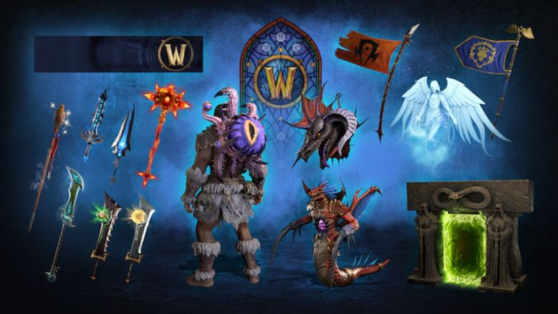 Objetos y figuras de fantasía inspirados en el universo de World of Warcraft, con armas, estandartes y criaturas.