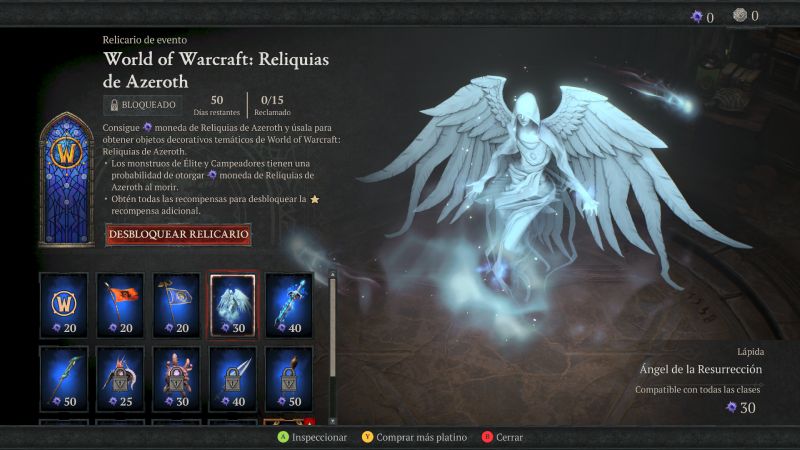 Figura angelical luminosa junto a una lista de objetos desbloqueables.