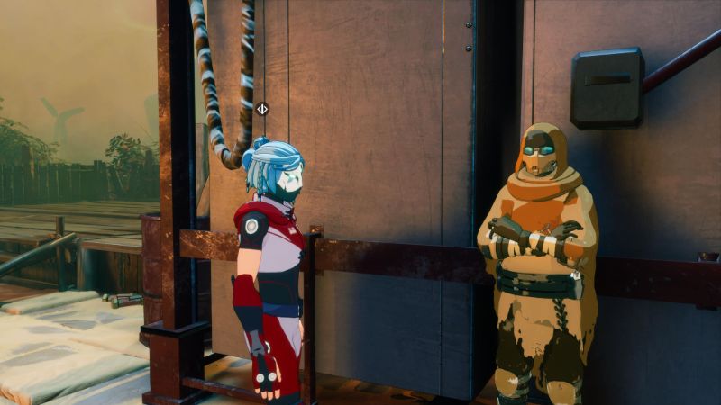 Dos personajes conversan en entorno industrial con estructuras metálicas.