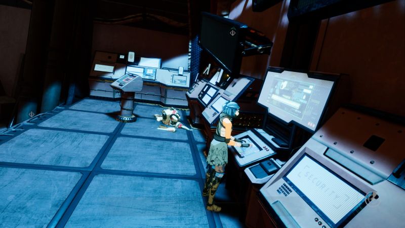 Sala tecnológica con pantallas y figuras interactuando con equipo avanzado.