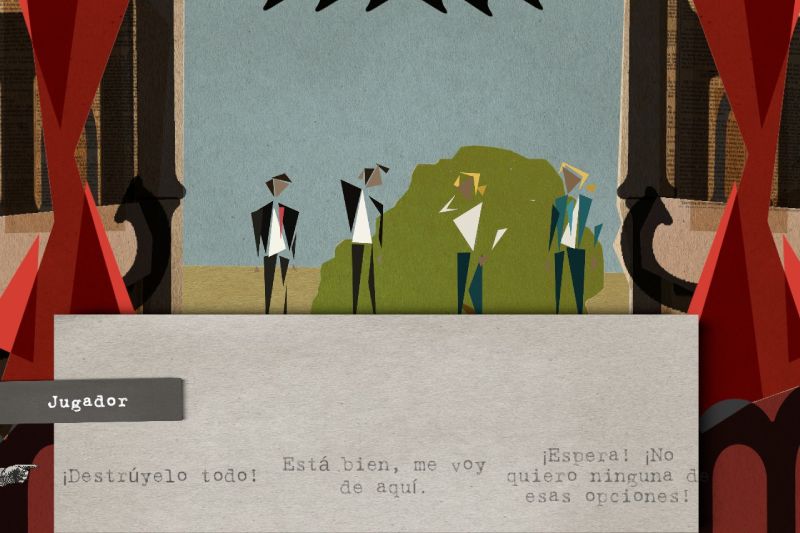 Intervención del jugador en la narrativa de Let Me Play! Nivel donde la caja de diálogo identifica al interlocutor como "Jugador", ofreciendo opciones drásticas como "¡Destrúyelo todo!" mientras los personajes observan en el fondo.