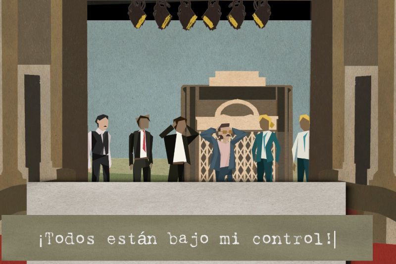 Mecánica de ingreso de texto en Let Me Play! Escena interactiva con un campo de texto que dice "¡Todos están bajo mi control!", permitiendo al usuario redactar sus propias líneas de diálogo dentro del juego.