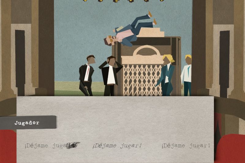 Momento de fractura narrativa en Let Me Play! Escenario en caos con un personaje flotando boca arriba sobre una estructura mientras en el menú de diálogo las tres opciones disponibles dicen exactamente lo mismo: "¡Déjame jugar!".