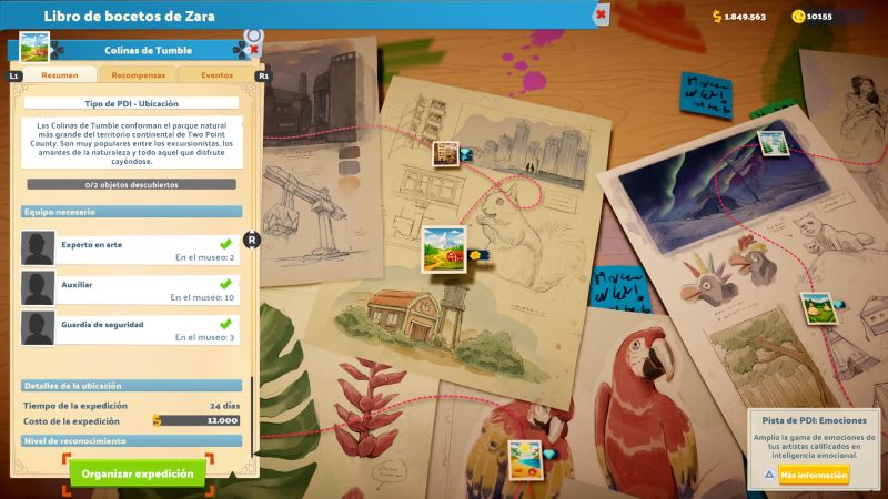 Interfaz con páginas de bocetos conectadas por rutas y detalles de expedición.