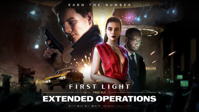 IO Interactive lanza el DLC Extended Operations para 007 First Light Arte promocional oficial del DLC Extended Operations para 007 First Light. En la parte superior aparece el rostro del Agente James Bond sosteniendo una pistola junto al personaje femenino con vestido rojo en primer plano y un hombre con anteojos en el fondo. En la parte inferior izquierda se observa el automóvil deportivo Aston Martin amarillo en movimiento. En el centro destaca el título del juego y el texto "FREE DLC EXTENDED OPERATIONS".