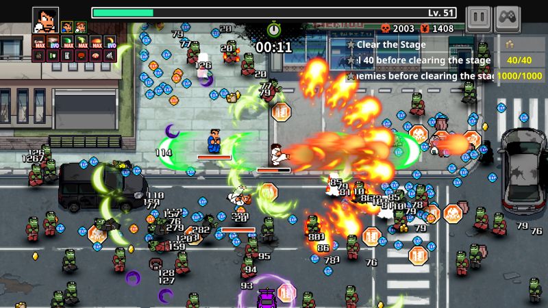 Captura de pantalla de la jugabilidad de River City Survivors: Downtown of the Dead desde una vista cenital. En el centro de una calle de la ciudad se observa al personaje principal vestido de blanco ejecutando un ataque de patada de fuego envolvente, rodeado por decenas de zombis verdes, efectos de cortes de viento, orbes de experiencia azules y un contador de nivel 51 en la esquina superior derecha.   