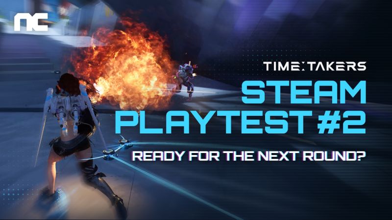 Time Takers Steam Playtest 2 Key Art Imagen promocional con fondo oscuro y destellos de fuego a la izquierda, mostrando a una personaje de espaldas con alas mecánicas futuristas disparando en un entorno urbano. Al lado derecho se lee en letras grandes y azules el texto TIME TAKERS STEAM PLAYTEST #2 junto al letrero READY FOR THE NEXT ROUND?.