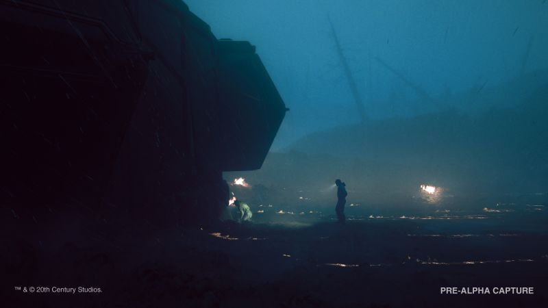 Exploración Exterior de la Nave Estrellada Silueta de un personaje caminando con linterna junto al enorme casco de una nave espacial estrellada en un entorno exterior oscuro y lluvioso.