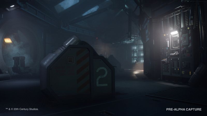 Diseño de Interiores en Alien Isolation 2 Pasillo industrial claustrofóbico e iluminado por luces tenue en el interior de una nave abandonada.