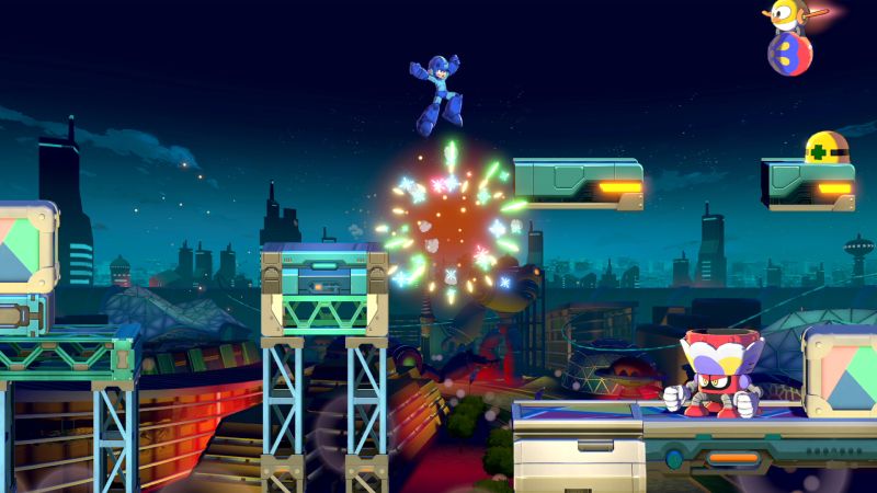 Acción y plataformas en Mega Man: Dual Override Mega Man saltando en el aire sobre plataformas en un escenario nocturno futurista rodeado de fuegos artificiales y enemigos.