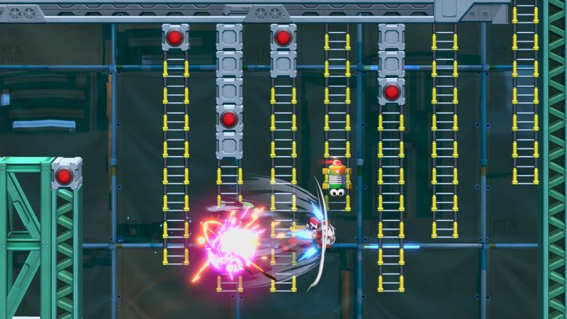 Combate de Proto Man en Mega Man: Dual Override Proto Man ejecutando un ataque de corte cargado con un efecto de energía rosa contra un enemigo mientras escala estructuras metálicas.