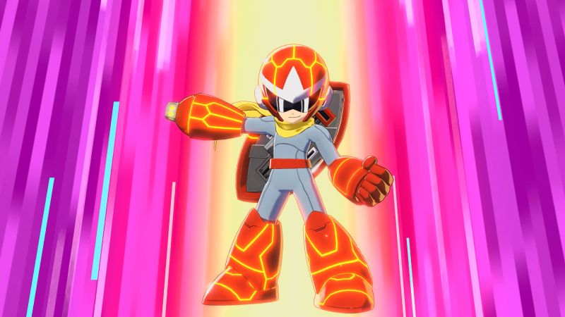 Movilidad y esquivas en Mega Man: Dual Override Mega Man realizando una barrida a nivel del suelo para esquivar explosiones de fuego en una instalación subterránea.