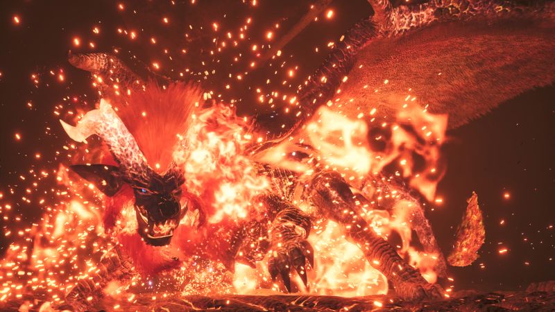 El imponente Dragón Anciano Teostra rodeado por llamas intensas y chispas flotando en un entorno oscuro.