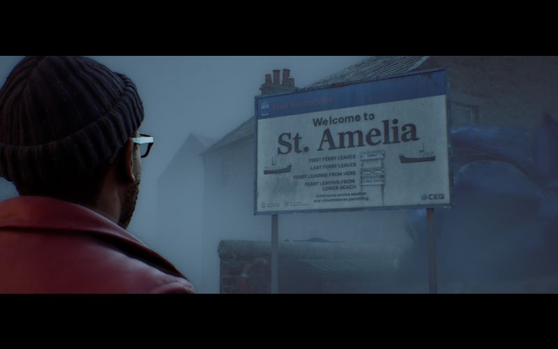 Bienvenida a St. Amelia El letrero de bienvenida a St. Amelia marca la llegada de Simon al aparentemente abandonado pueblo costero de Escocia.