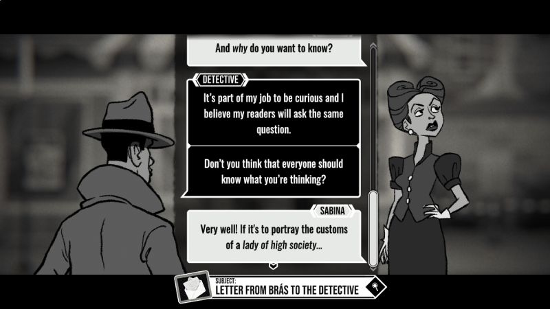 Sistema de Diálogo e Interrogatorio Interfaz de diálogo donde el detective realiza preguntas a Sabina con opciones de respuesta en globos de texto.