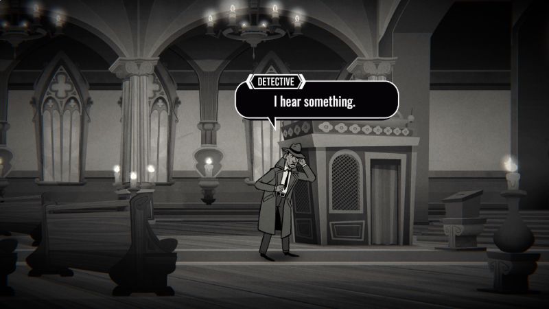 Exploración de Escenarios en Río de Janeiro El detective escuchando ruidos dentro de una iglesia antigua ilustrada con estética de comic en blanco y negro.