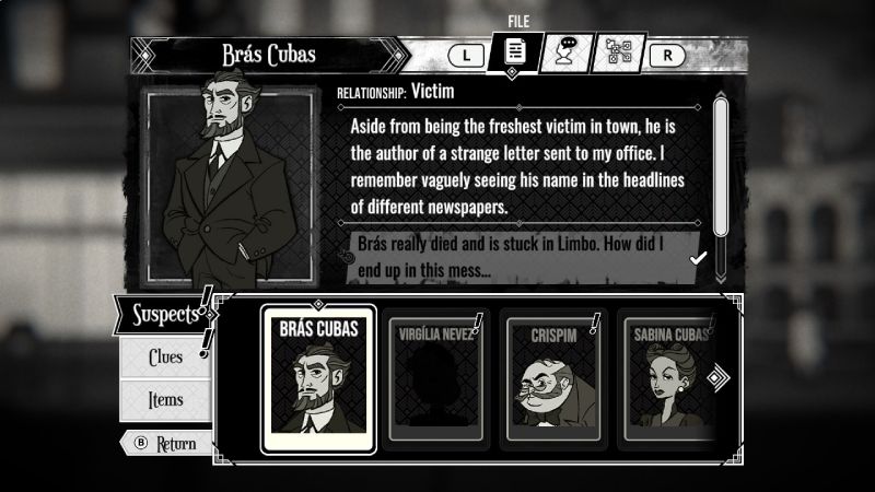 Ficha del Cliente y Víctima Brás Cubas Ficha de perfil de Brás Cubas en el diario de investigación mostrando sus datos, retrato e información de sospechosos.