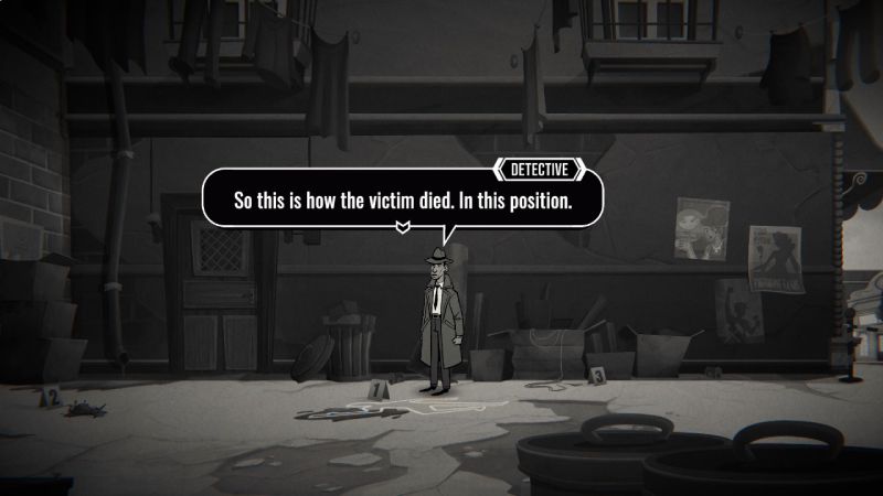 Análisis de la Escena del Crimen El detective parado sobre la silueta de tiza del cadáver en un callejón nocturno examinando la escena.